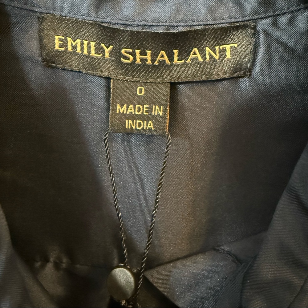 Emily Shalant Navy Taffeta Shirt Dress Crystal Bow Buttons Belted Midi Sz 0 - Picture 5 of 13